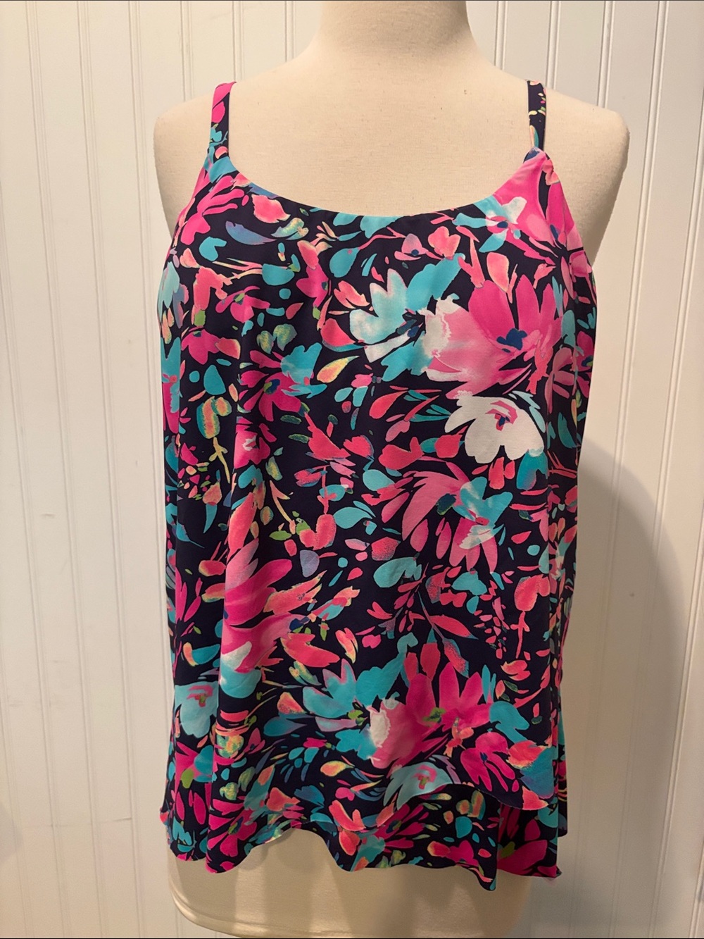 Leilani Vibrant Floral Navy Layered Tankini Top Sz 12